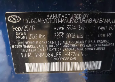 2019 Hyundai Elantra Value Edition z USA, uszkodzony, nr VIN 5NPD84LF5KH472685